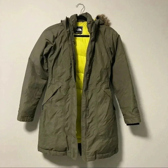 The North Face HyVent army green down  puffer parka hooded jacket - Picture 1 of 16